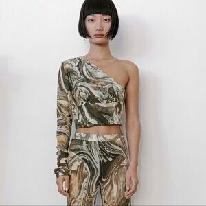 Zara One Shoulder Marble Print Crop Top Size Medium